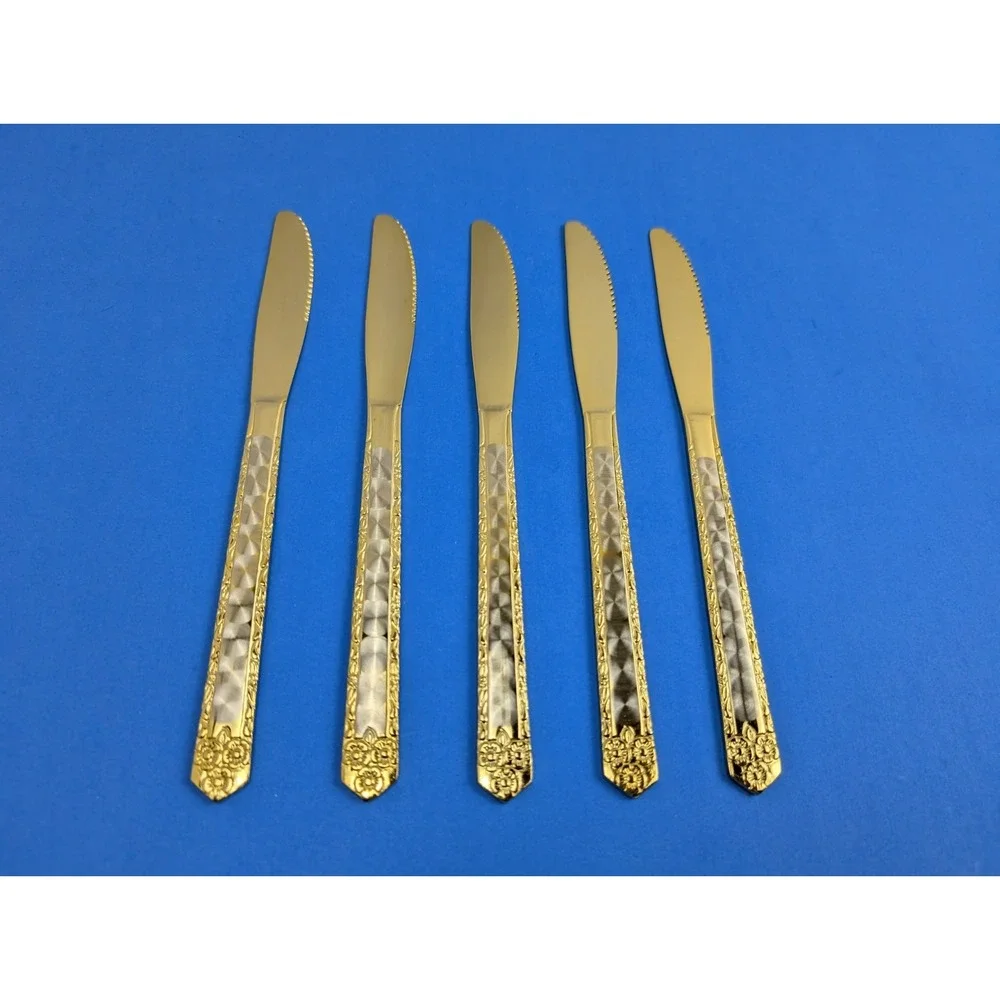 Vintage Stainless Steel Japan Silver Gold Tone Floral Butter Knife Set of 5